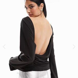 Weekday Black Derya Open Back Oversized Asymmetric Ruched Long Sleeve Top 2 XS